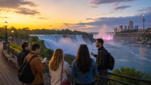 Niagara Falls evening tour guests watching illuminated falls after daytime sightseeing