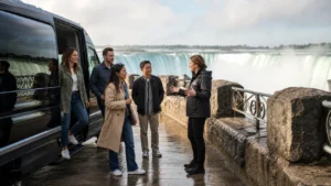 Small-group Niagara Falls day tour guests with guide beside Horseshoe Falls