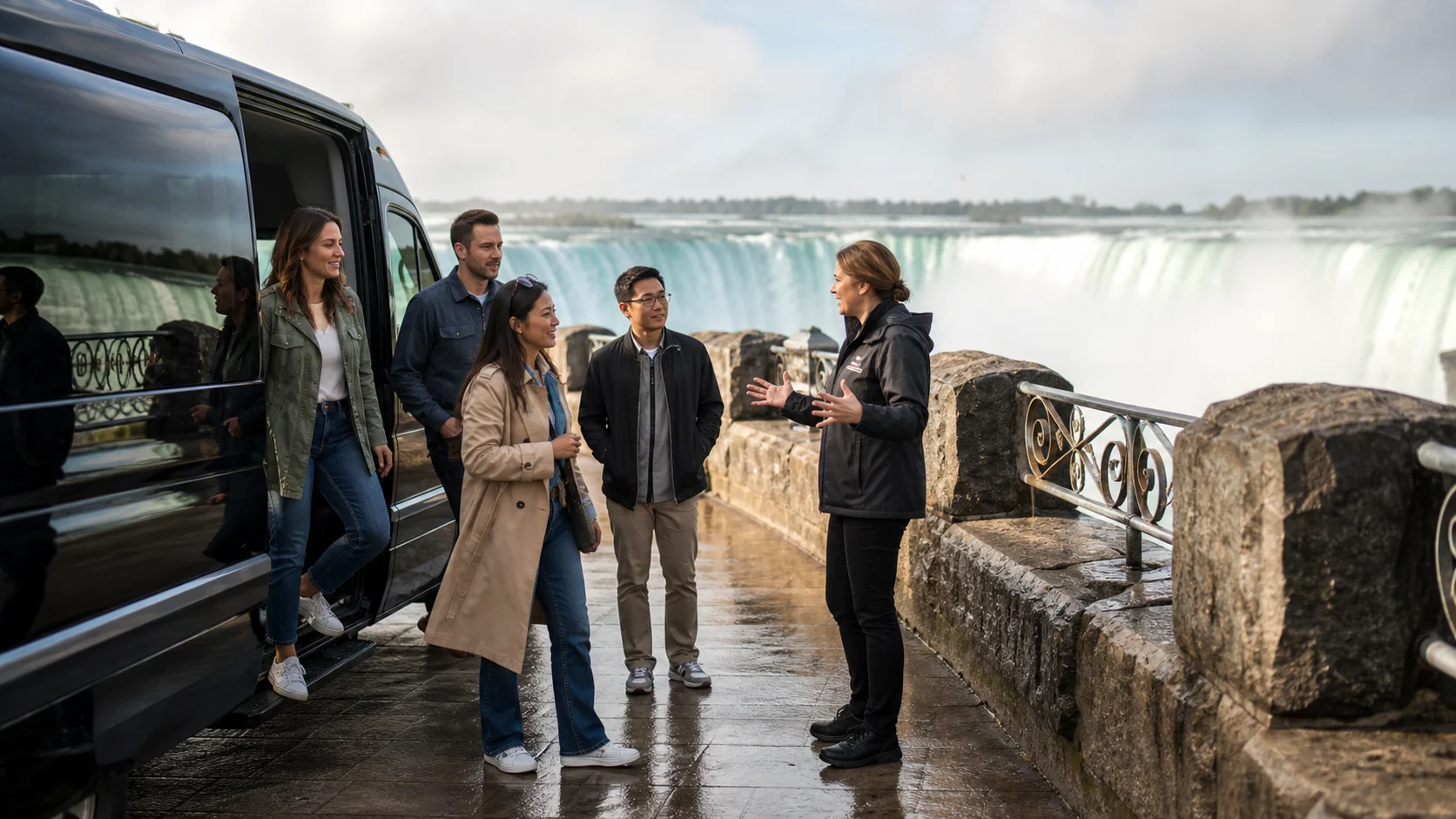 Small-group Niagara Falls day tour guests with guide beside Horseshoe Falls