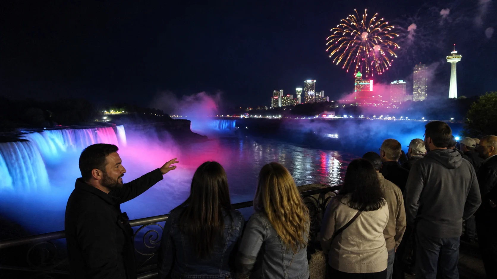 Niagara Falls evening tour guests watching illuminated falls and seasonal fireworks from overlook