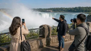 Travelers photographing Horseshoe Falls rainbow and mist during Niagara Falls tour from Toronto