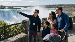 Family with children and stroller on Niagara Falls tour with guide at Horseshoe Falls overlook