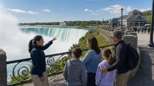 Visitors enjoying Niagara Falls overlook without boarding the boat cruise