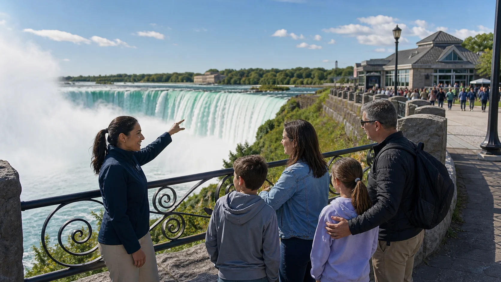 Visitors enjoying Niagara Falls overlook without boarding the boat cruise