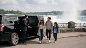 Private Niagara Falls tour vehicle with guide and small family near the falls