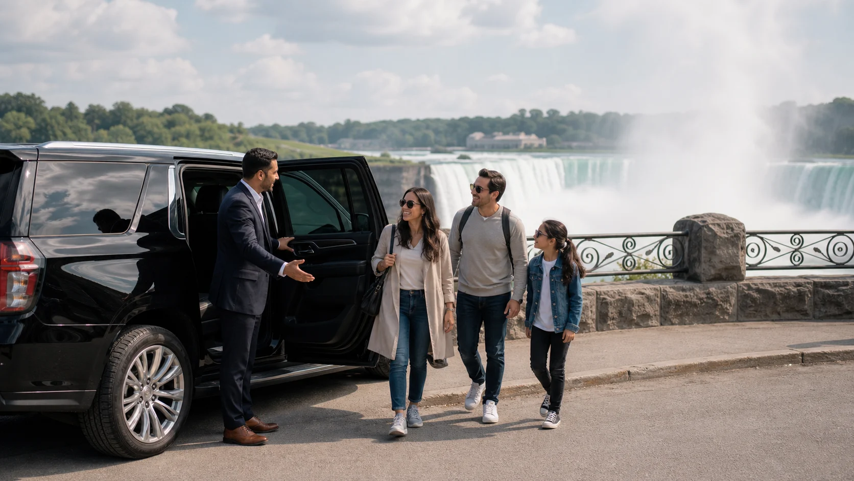 Private Niagara Falls tour vehicle with guide and small family near the falls