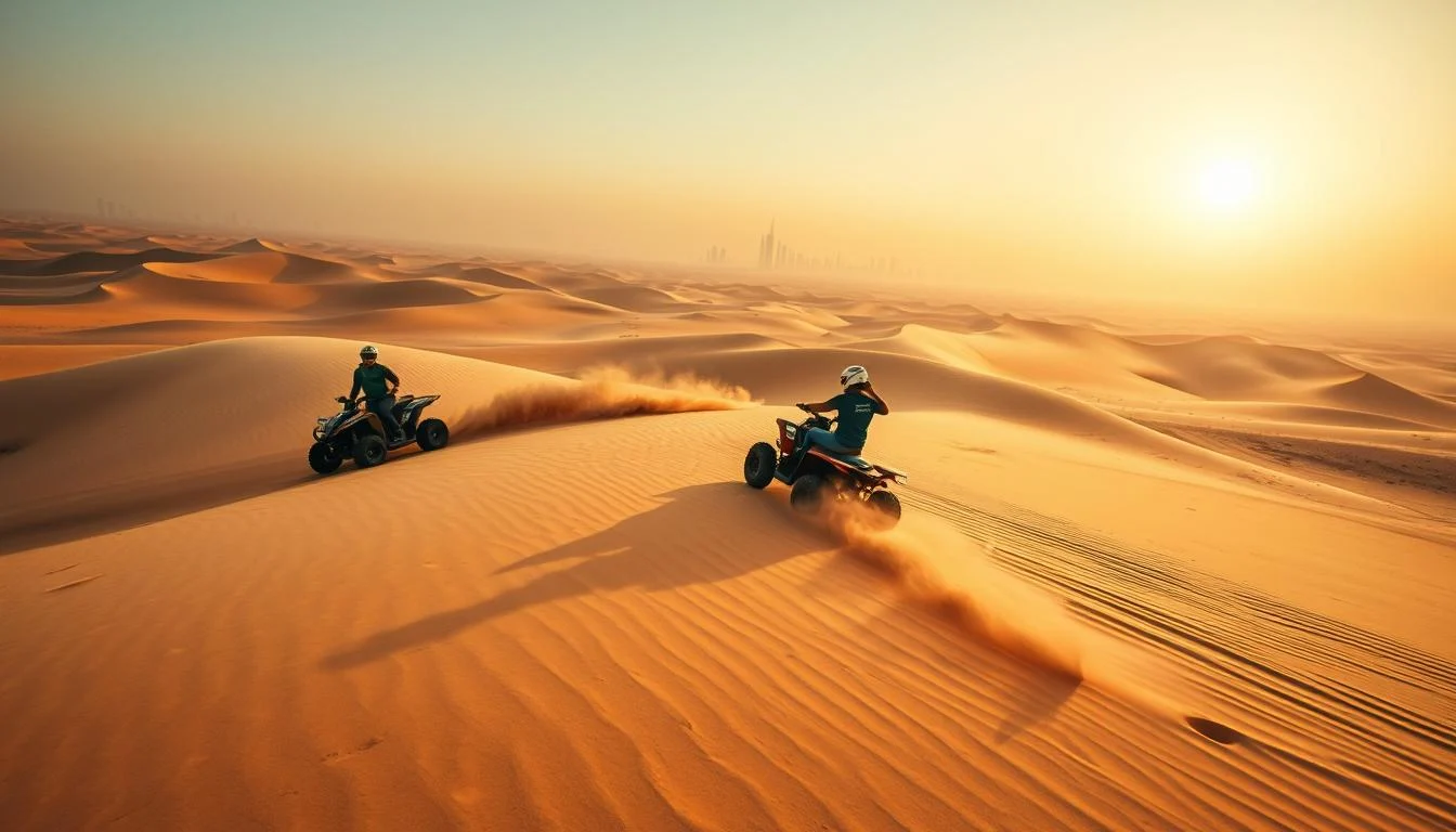 Tourists riding quad bikes across red Dubai desert dunes at sunset, kicking up sand and enjoying the adventure