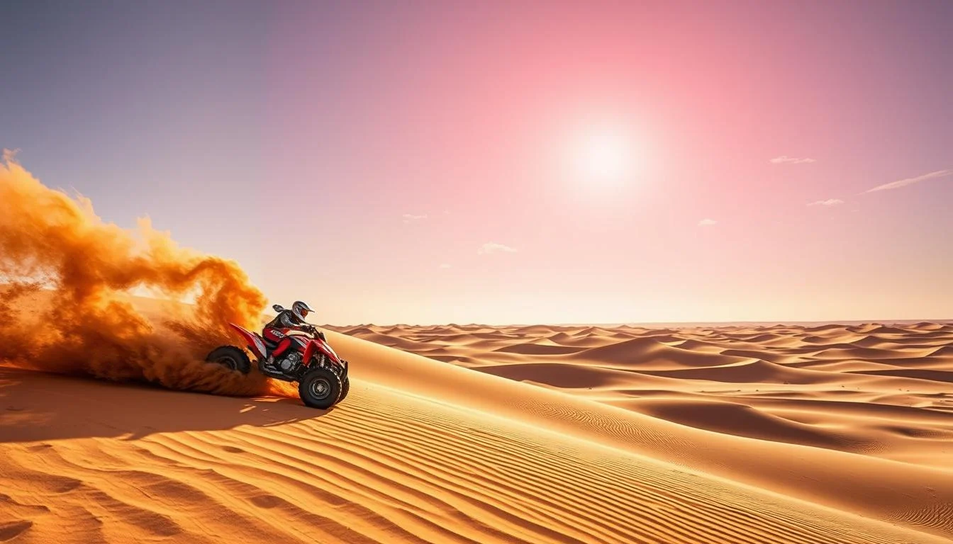 Tourists riding quad bikes through the vast expanse of the red Dubai desert dunes under a clear blue sky