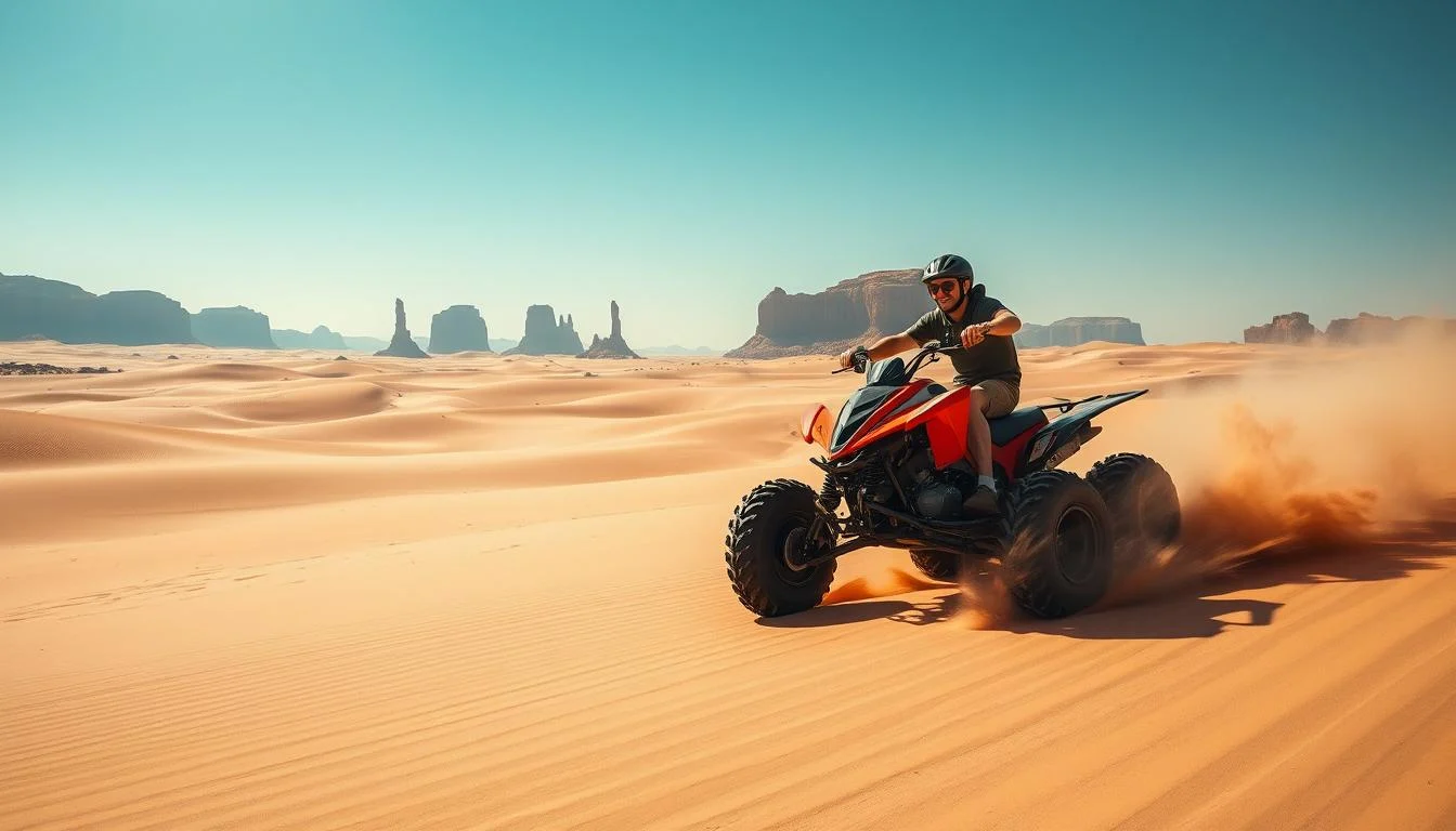 Tourists riding quad bikes across vast red sand dunes in the Dubai desert under a clear blue sky