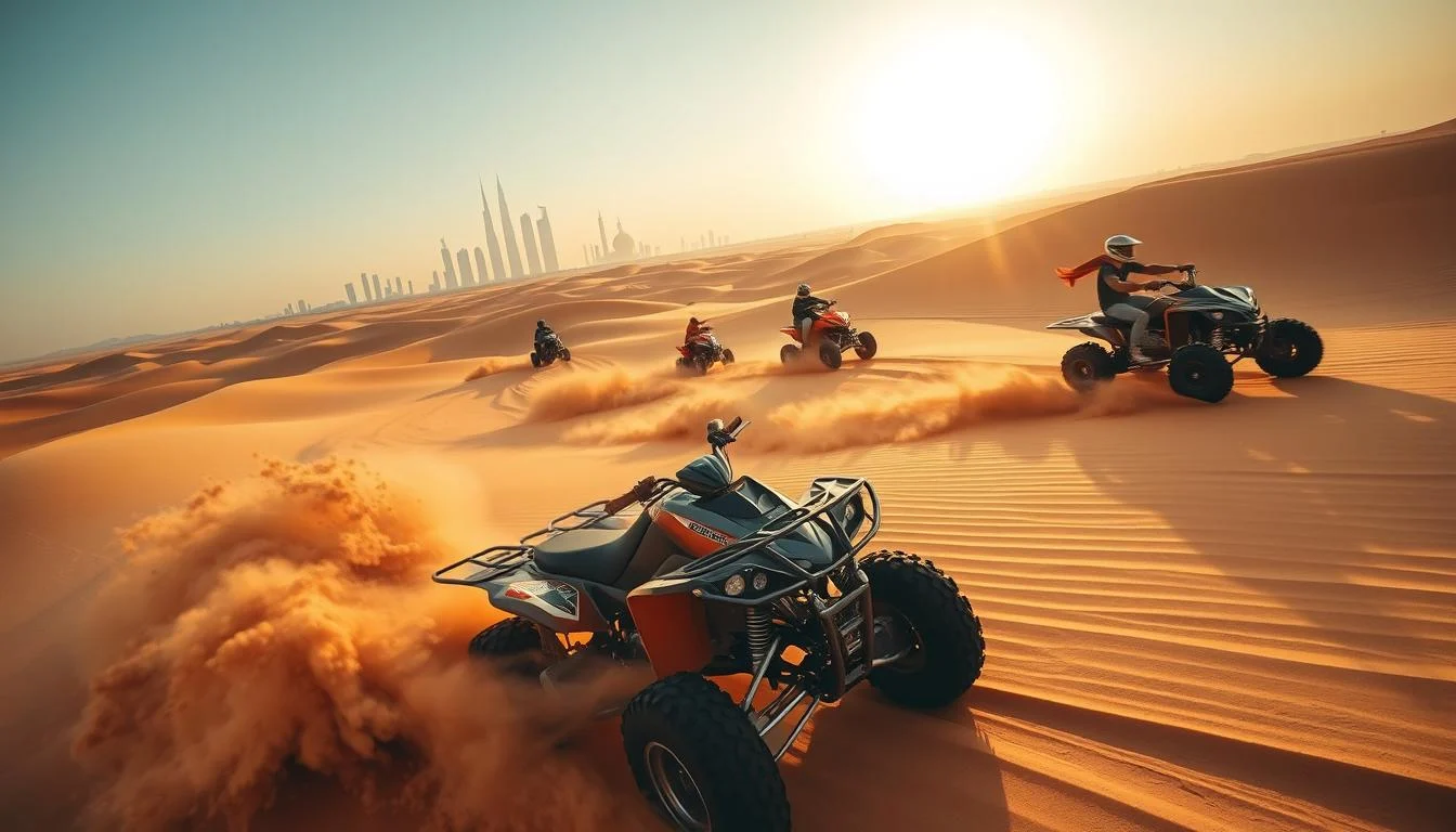 Tourists riding quad bikes across golden Dubai desert dunes, kicking up sand as they navigate the expansive landscape at high speed