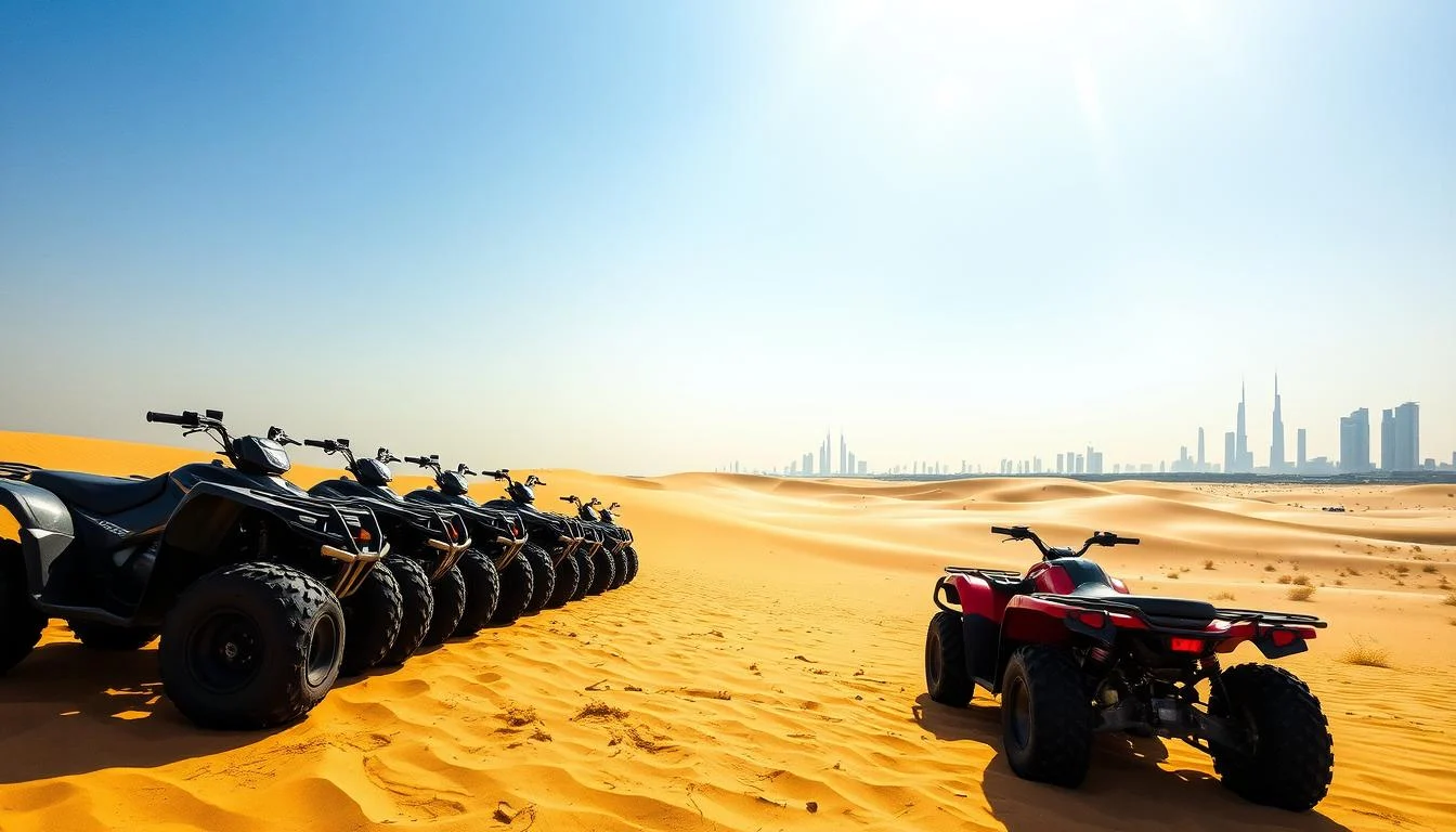 Tourists riding quad bikes across red Dubai desert dunes at sunset, kicking up sand as they speed over the landscape