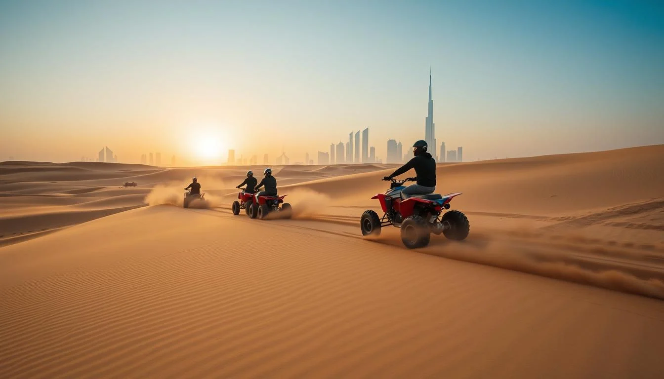 Tourists riding quad bikes across vast golden Dubai desert dunes under a clear blue sky, kicking up sand