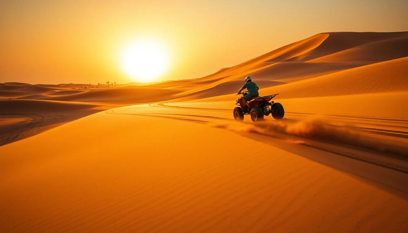 Tourists riding quad bikes across the vast, sun-kissed red dunes of the Dubai desert at sunset, kicking up sand