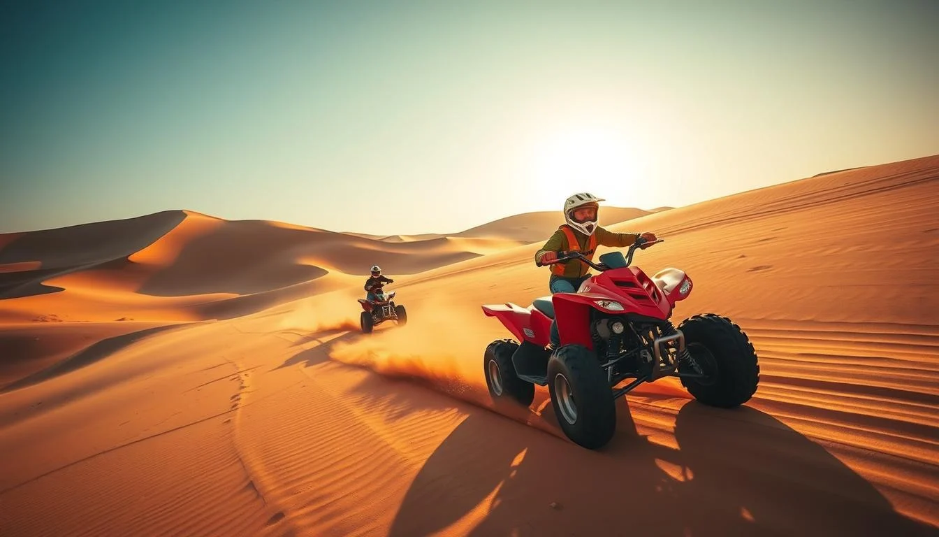Tourists riding quad bikes across golden Dubai desert dunes at sunset, with a clear sky overhead