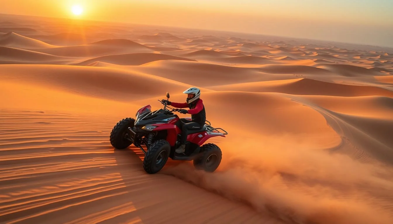 Tourists riding quad bikes across golden Dubai desert dunes with the sun warming their skin