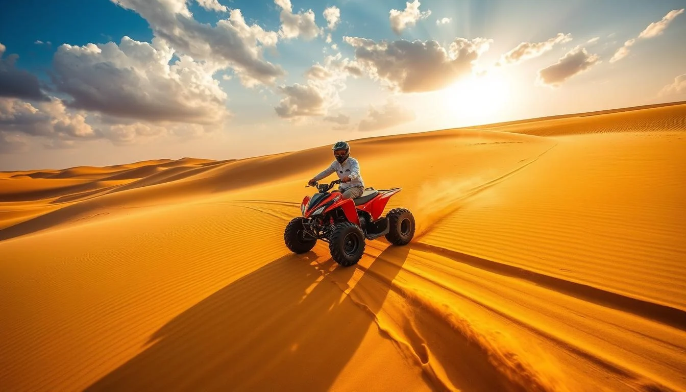 Tourists riding quad bikes across vast, sun-bathed red dunes in Dubai's desert with clear blue skies