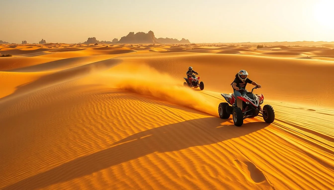 Tourists riding quad bikes across the vast, golden sand dunes of Dubai's desert at sunset, kicking up sand as they go