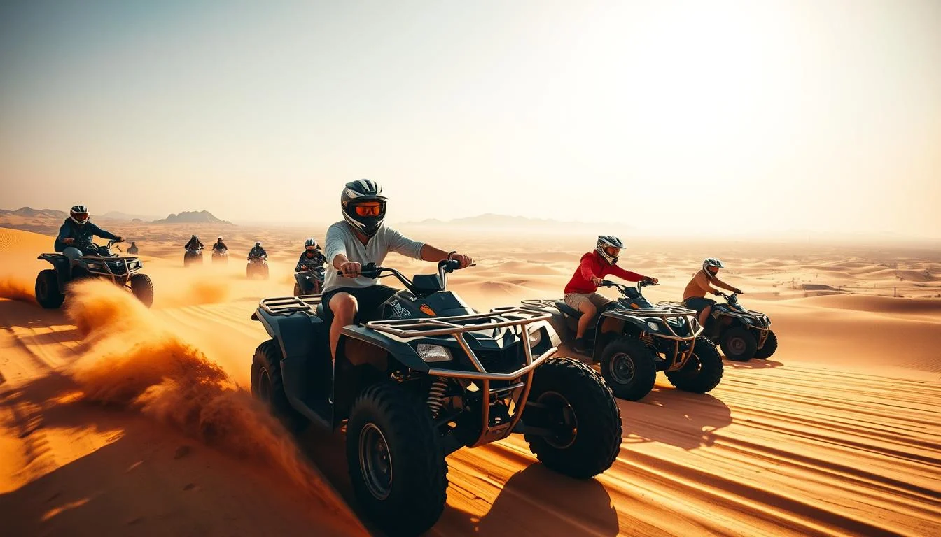 Tourists riding powerful quad bikes across the vast, majestic dunes of the Arabian Desert in Dubai
