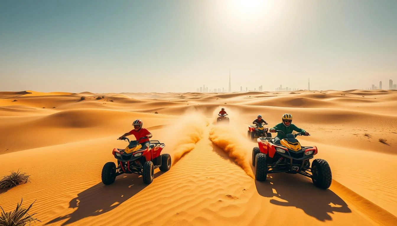 Tourists riding quad bikes across the golden sand dunes of Dubai's desert at sunset, enjoying an adventure