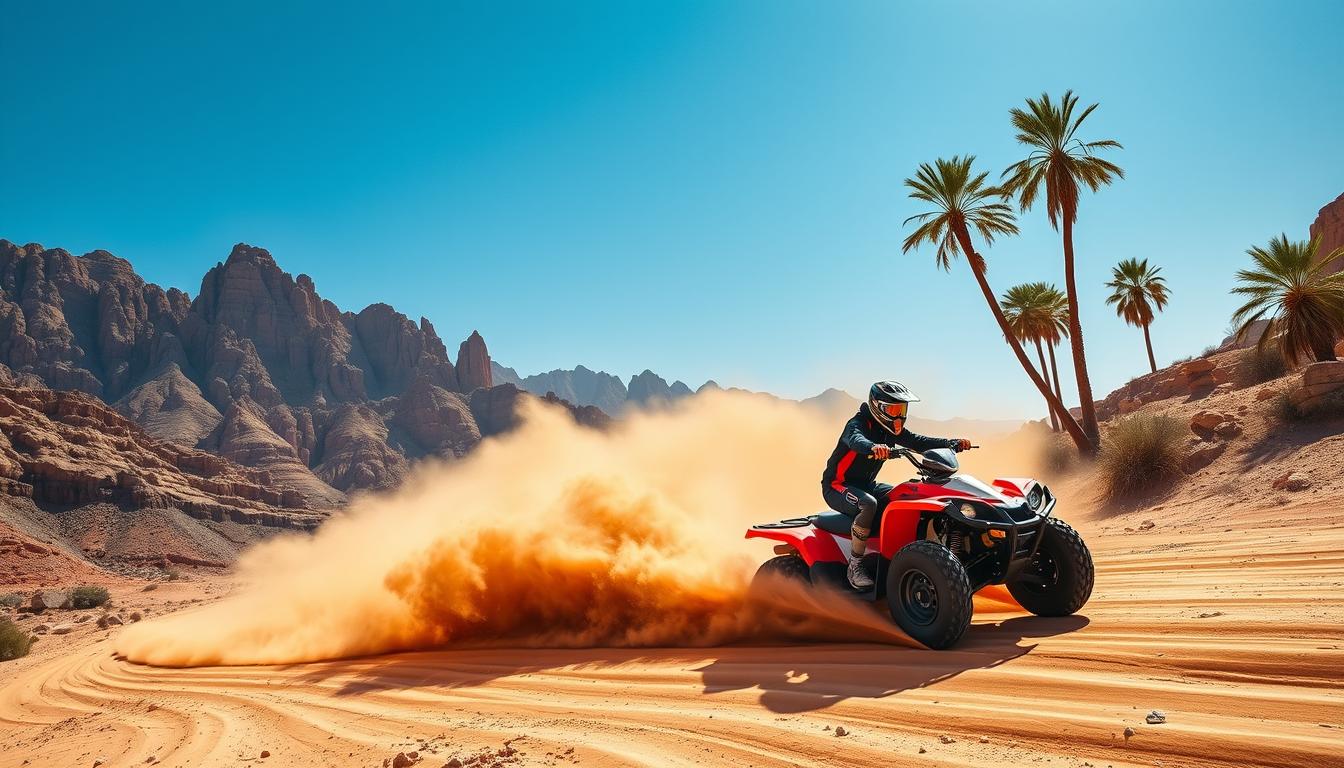 Tourists riding quad bikes through the golden sand dunes of Hatta Road in Dubai, with mountains in the background
