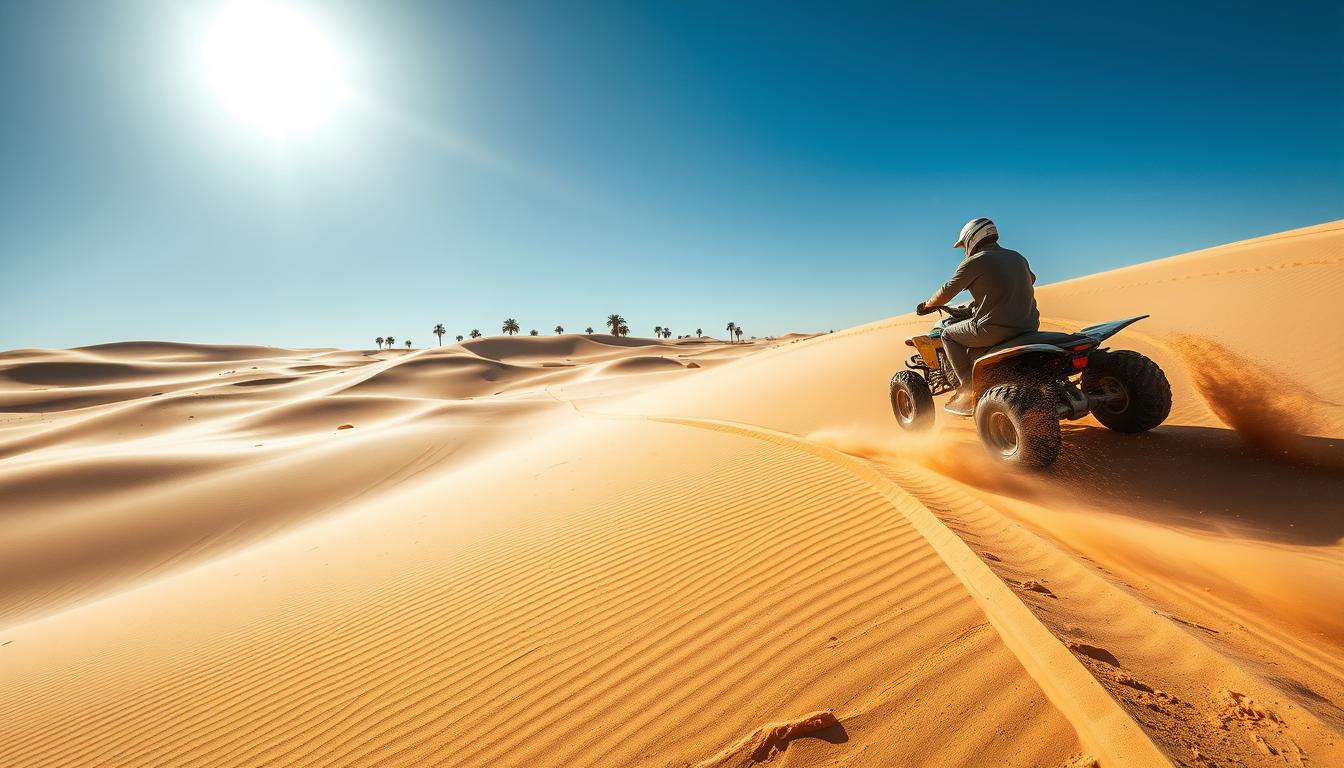 Tourists riding quad bikes across the vibrant red dunes of the Dubai desert under a clear sky, enjoying an adventurous tour.