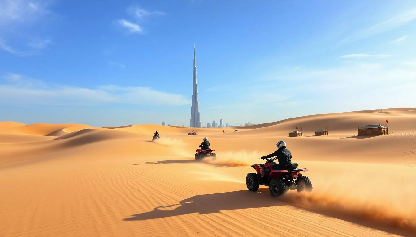 Tourists riding quad bikes across the golden sand dunes of the Arabian desert in Dubai under a clear sky