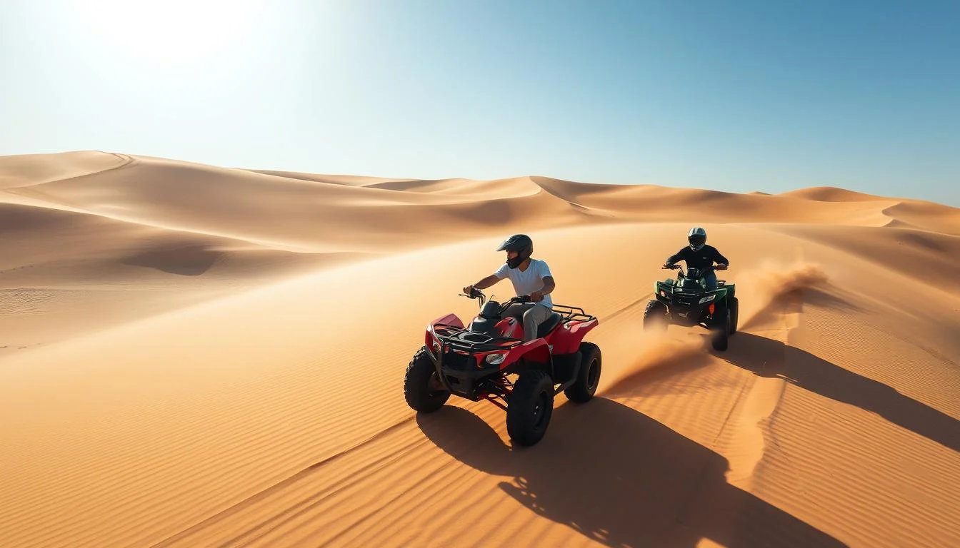 Tourists riding quad bikes across red Dubai desert dunes at sunset, kicking up sand as they navigate the challenging terrain