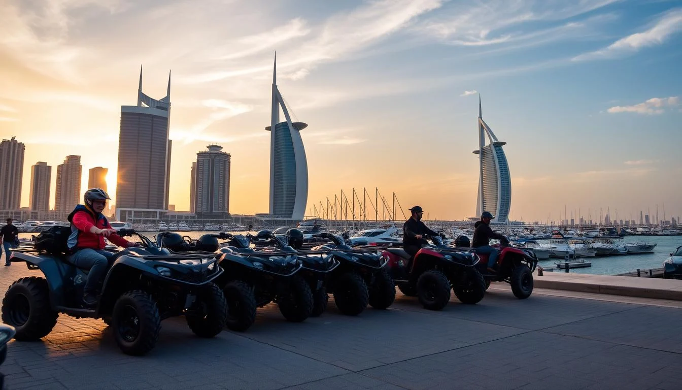 Tourists enjoying a quad biking tour with hotel pickup near Dubai Marina, riding through the golden desert dunes under a clear sky.