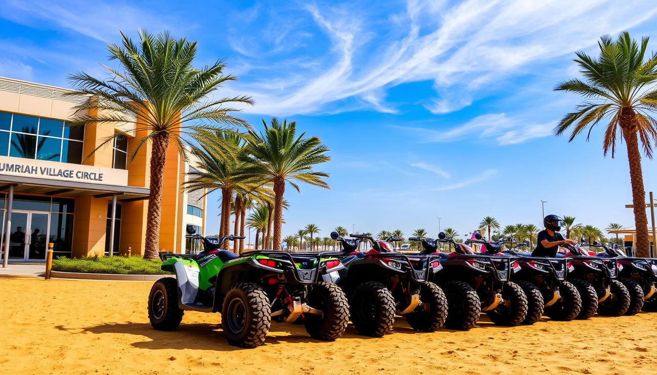 A person riding a quad bike across golden sand dunes in the Dubai desert with a clear blue sky overhead, offering an exhilarating adventure tour.