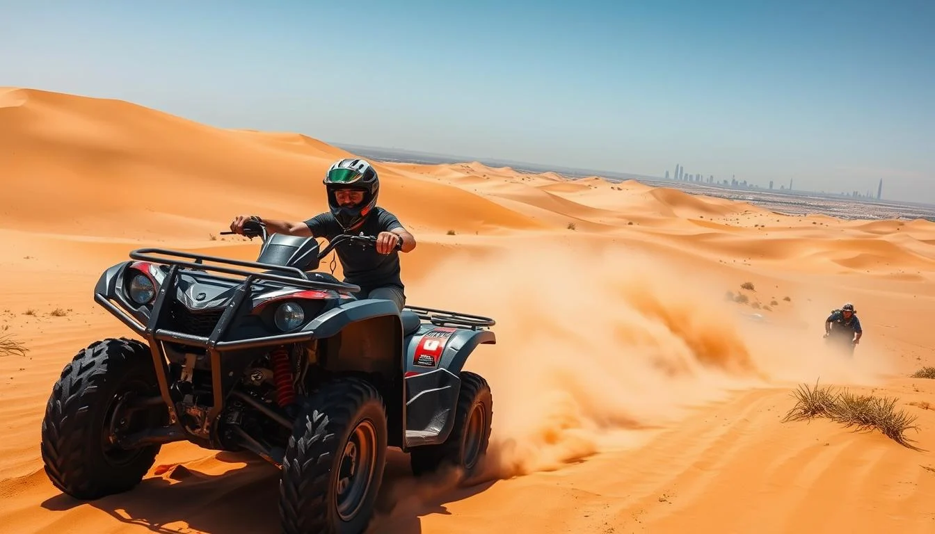 Tourists riding quad bikes across golden Dubai desert dunes, kicking up sand as they navigate the challenging terrain under a clear sky