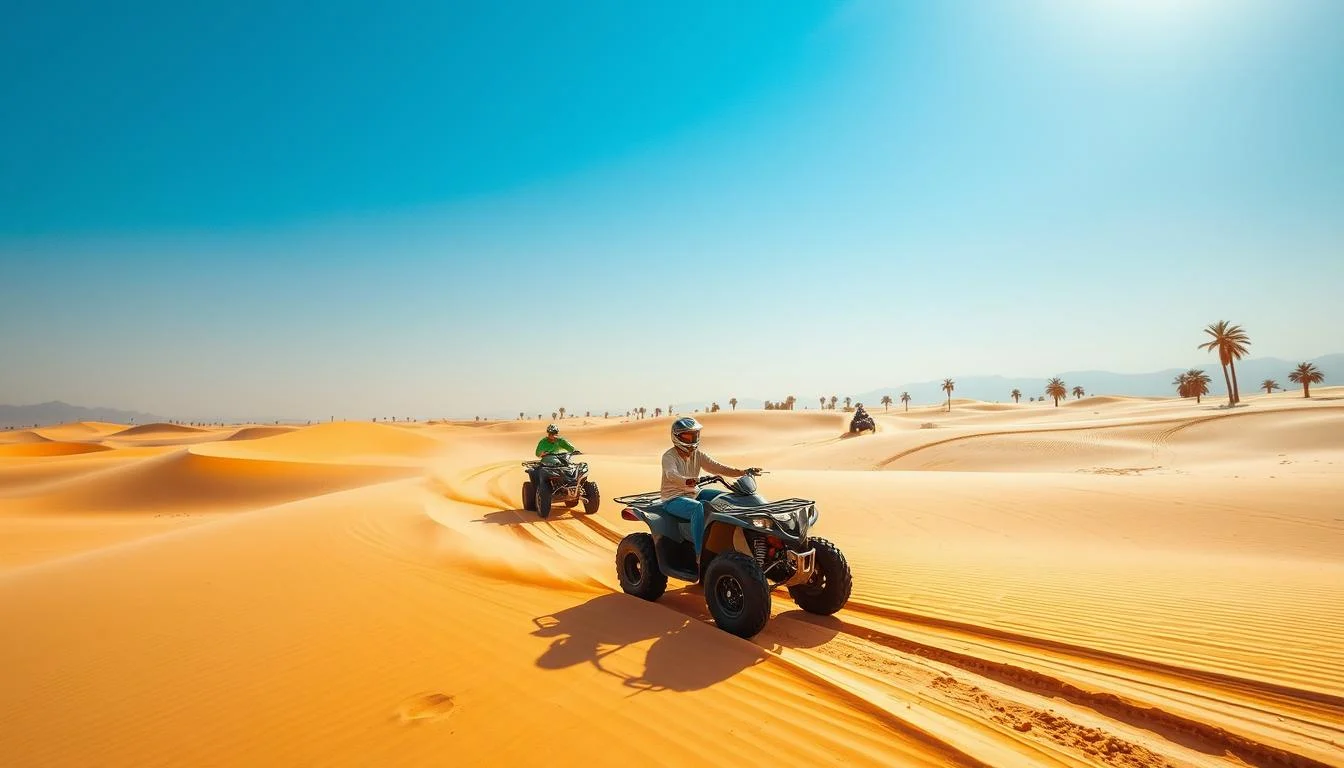 Tourists riding quad bikes across golden Dubai desert dunes, kicking up sand with a clear blue sky overhead