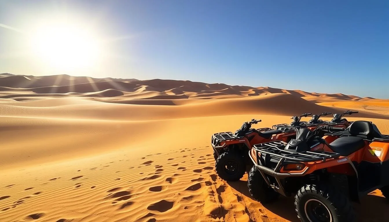 Tourists riding quad bikes across the golden sand dunes of the Arabian Desert in Dubai under a clear blue sky