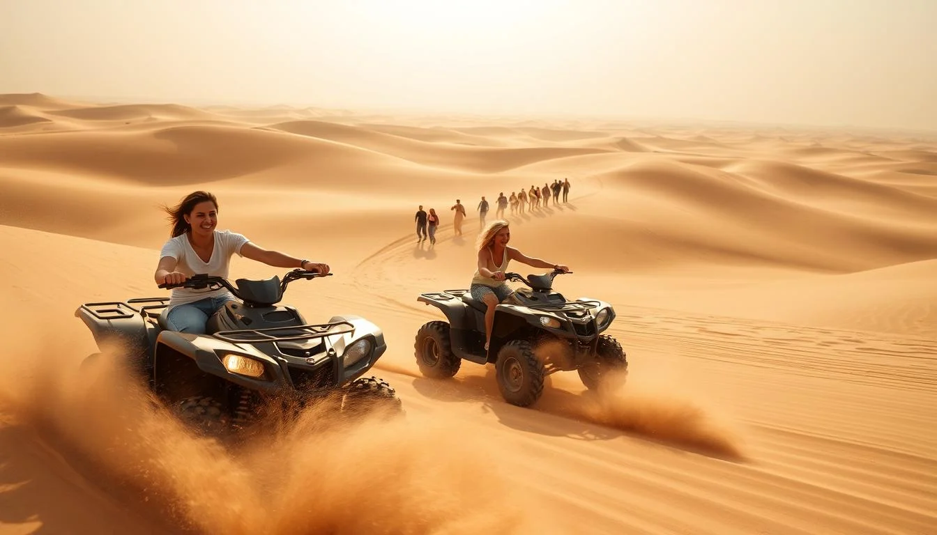 Tourists riding quad bikes across vast Dubai desert sand dunes, kicking up sand as they speed through the terrain