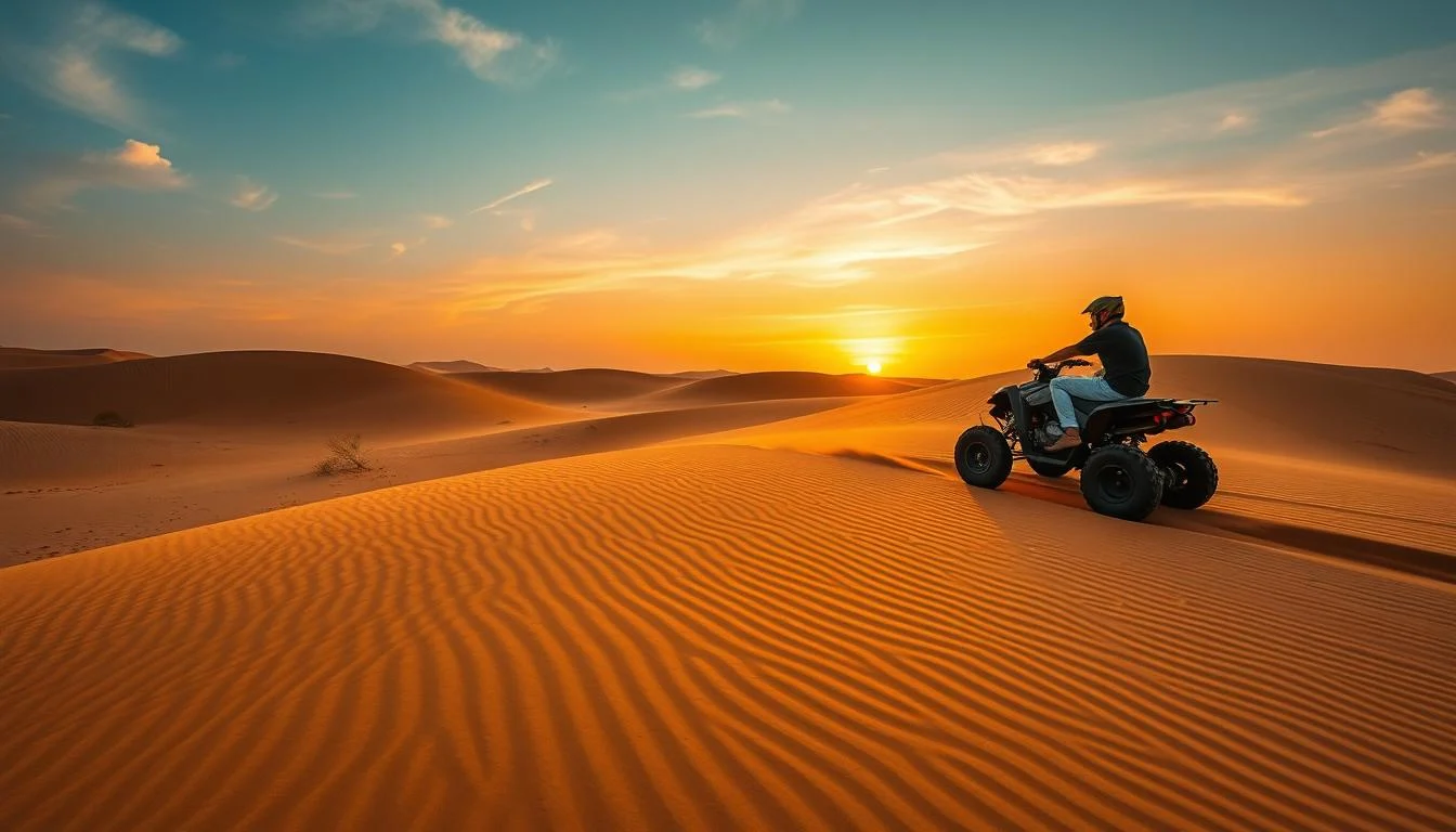 Tourists riding quad bikes across the golden sand dunes of the Dubai desert at sunset, kicking up sand