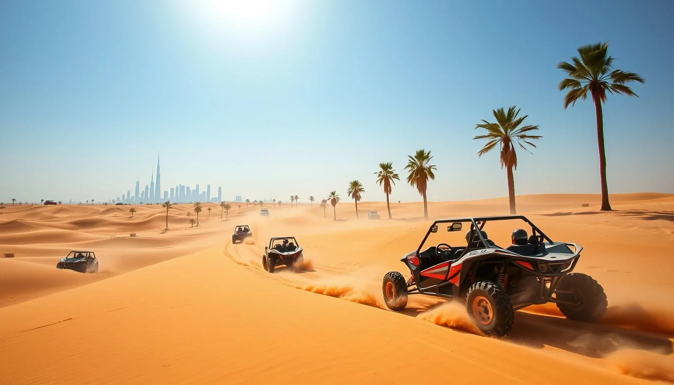 Tourists driving a dune buggy across the vast, sun-kissed red dunes of the Dubai desert, kicking up sand