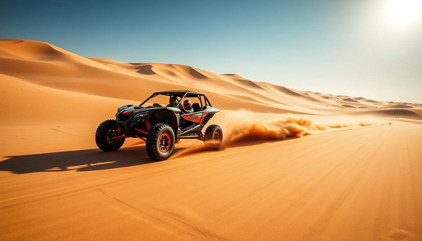 Tourists driving powerful sand dune buggies across the vast golden desert dunes of Dubai under a clear sky