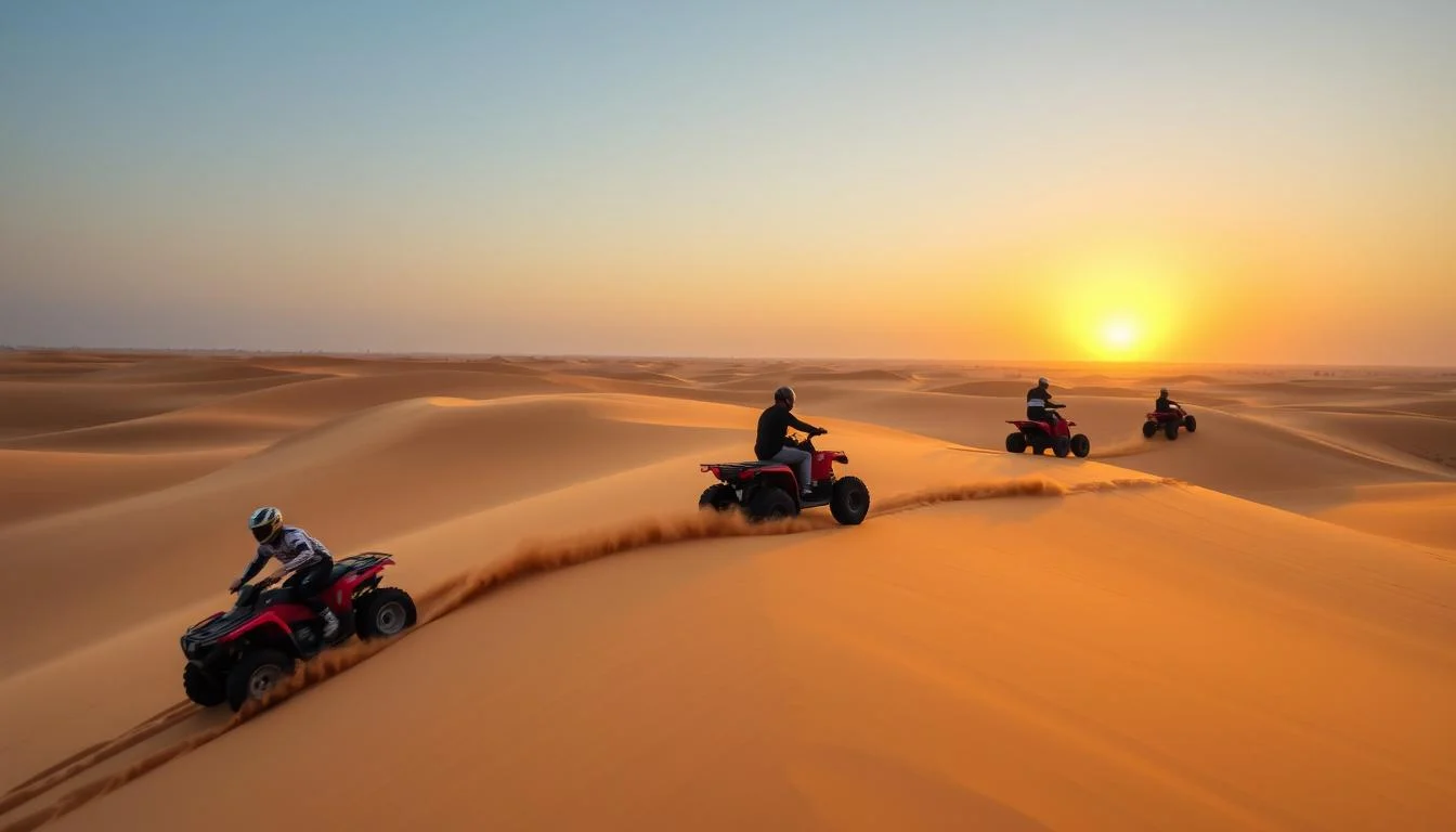 Tourists riding quad bikes across vast red sand dunes in Dubai, with a clear blue sky overhead