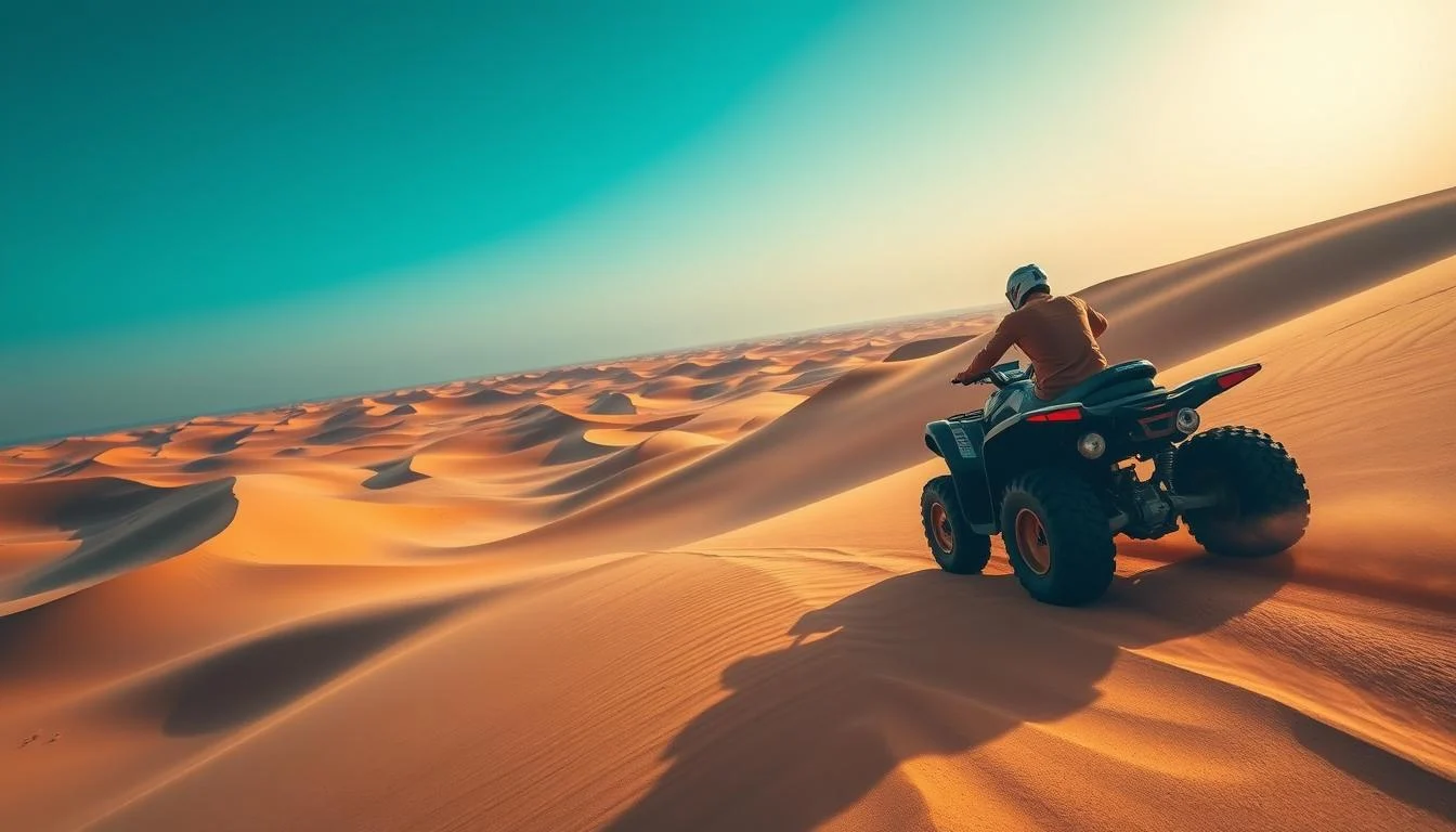 Tourists riding quad bikes across vast red Dubai sand dunes, kicking up sand at sunset during a desert adventure tour