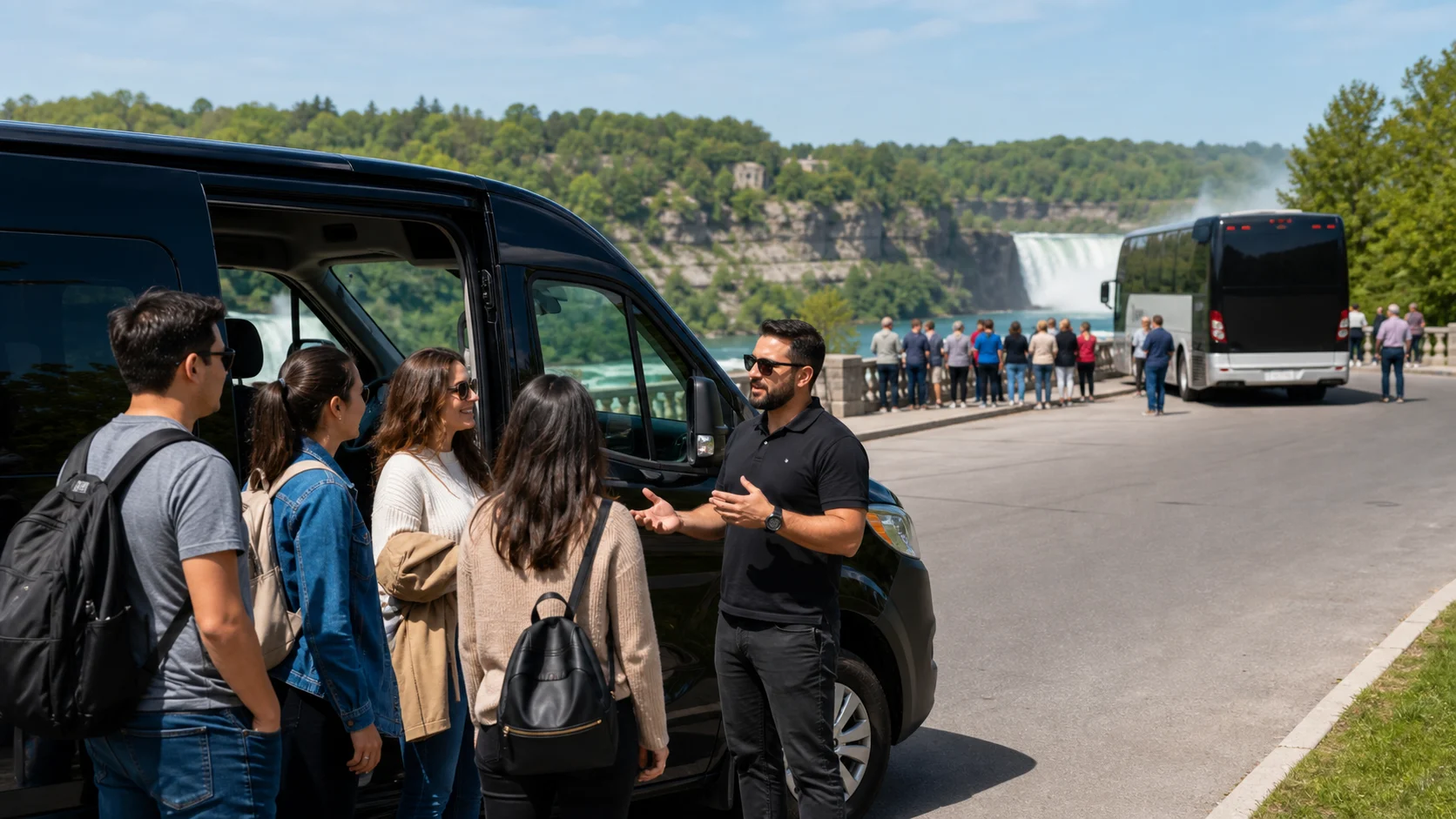 Small-group Niagara Falls tour guide with guests near comfortable van and falls overlook