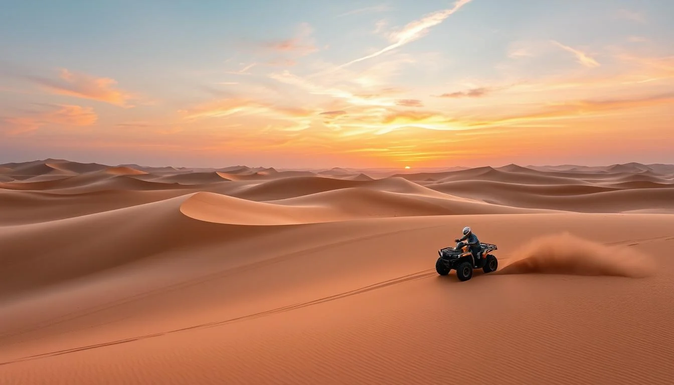Tourists riding quad bikes across golden Dubai desert dunes at sunrise, with the sky painted in vibrant orange and pink hues