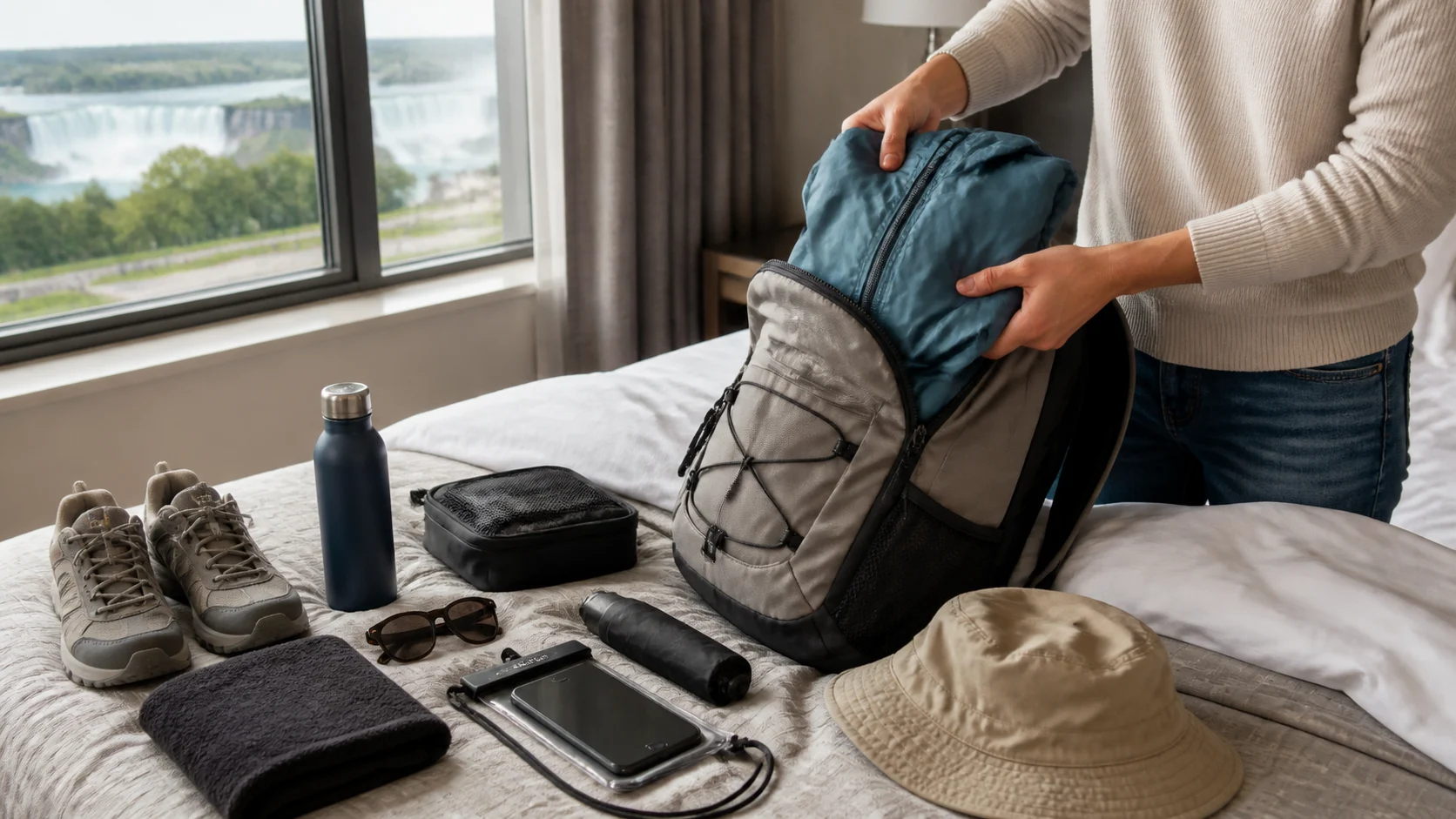 Niagara Falls day tour packing essentials with light jacket, phone, and walking shoes near falls mist