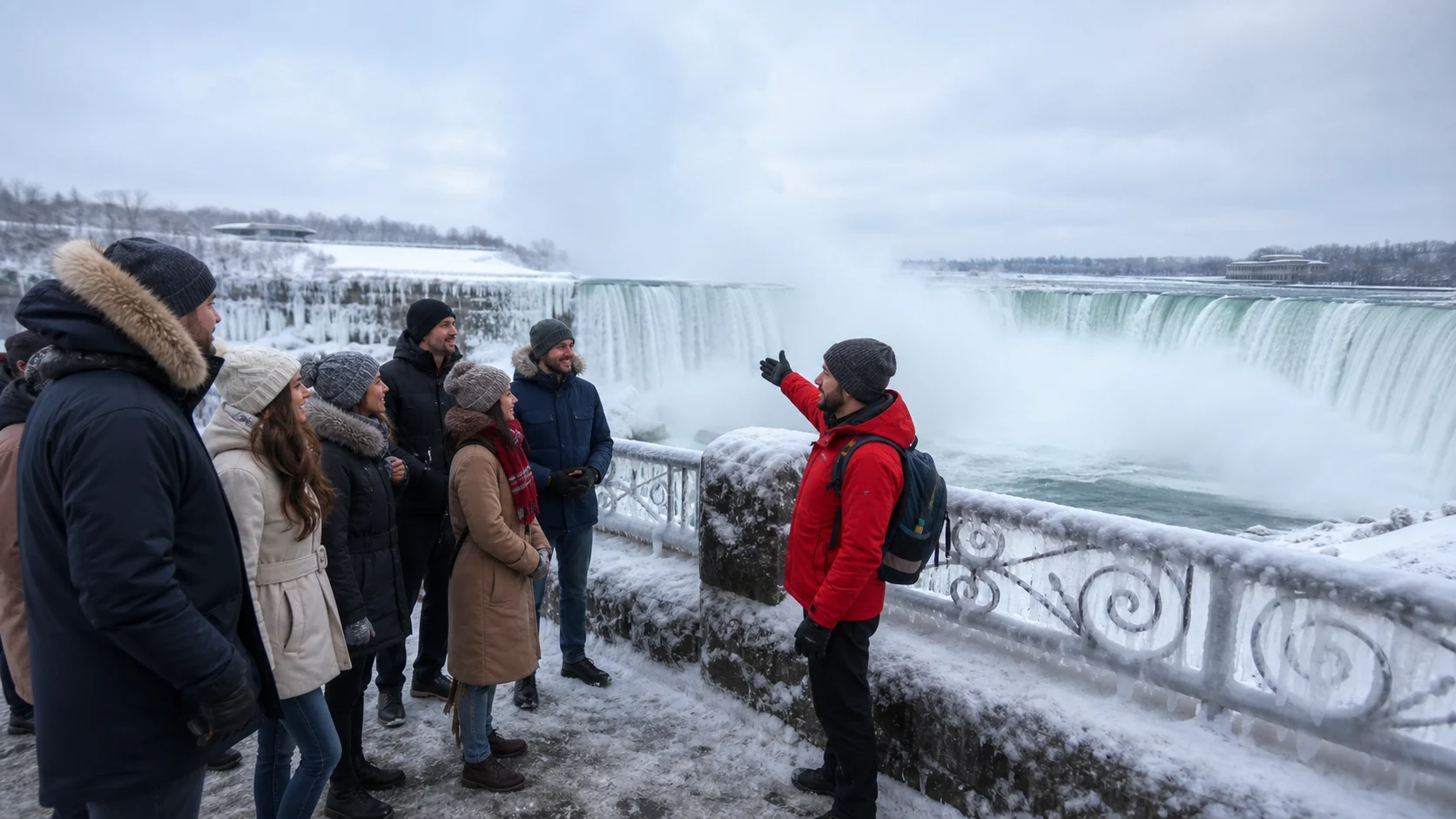 Winter Niagara Falls tour guests in warm coats viewing icy mist near Horseshoe Falls